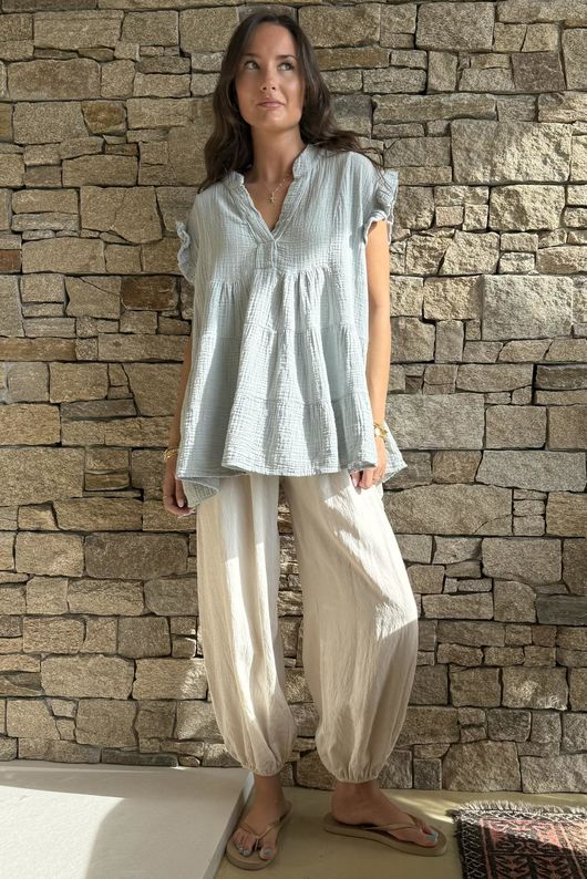 Tasha Cushion Cotton Cap Sleeve Tier Top Pearl